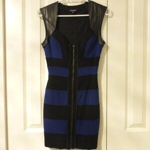 BEBE dark blue & black stripes dress with faux leather accents